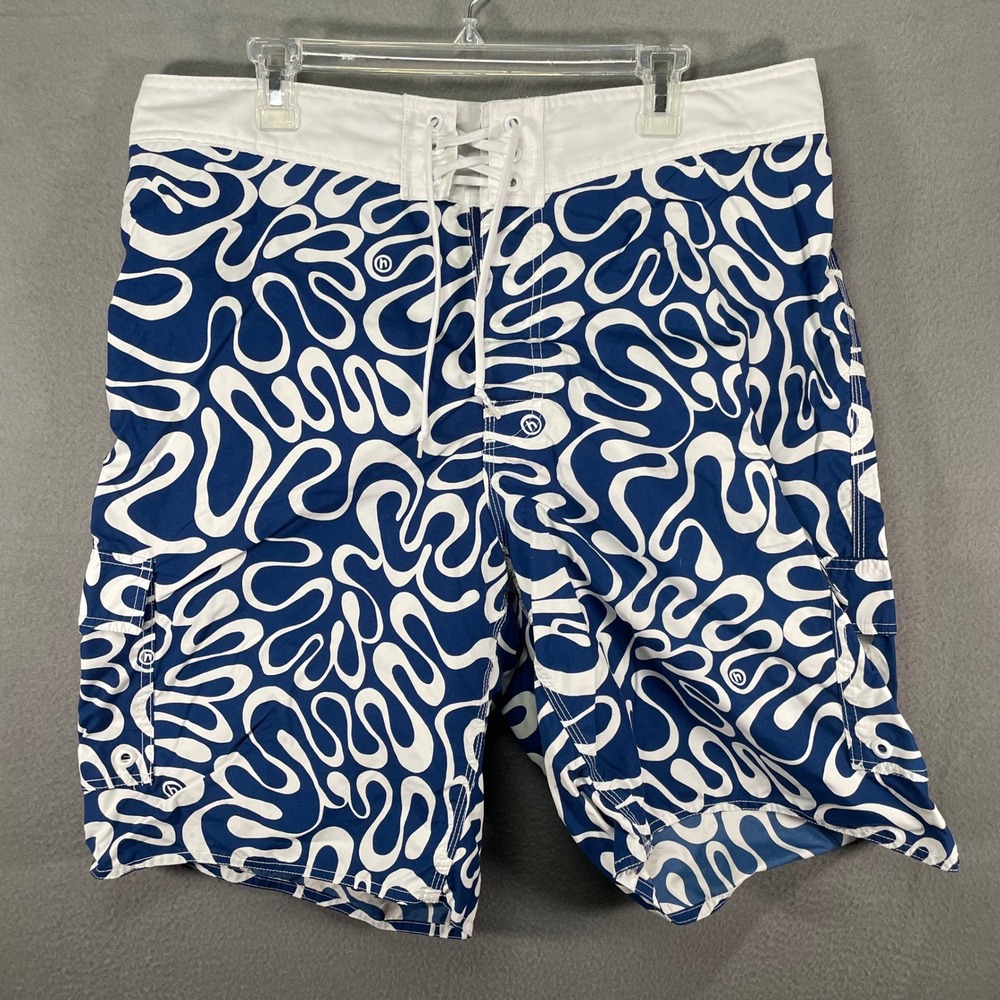 Hollister Mens‎ Blue White Abstract Board Shorts Swim Trunks Lace Up Surf Beach